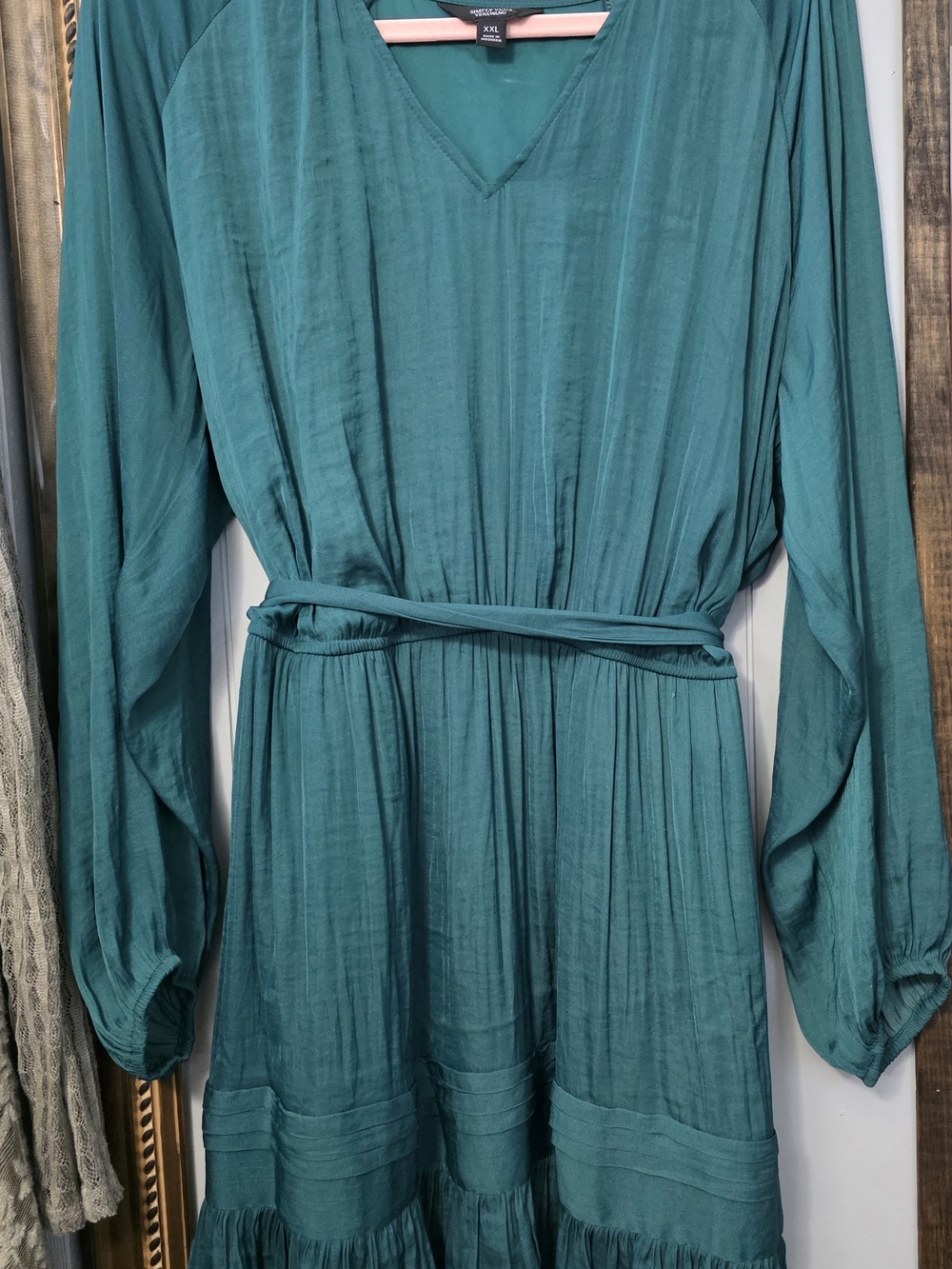 Vera Wang Teal Long Sleeve V-Neck Belted Maxi Dress